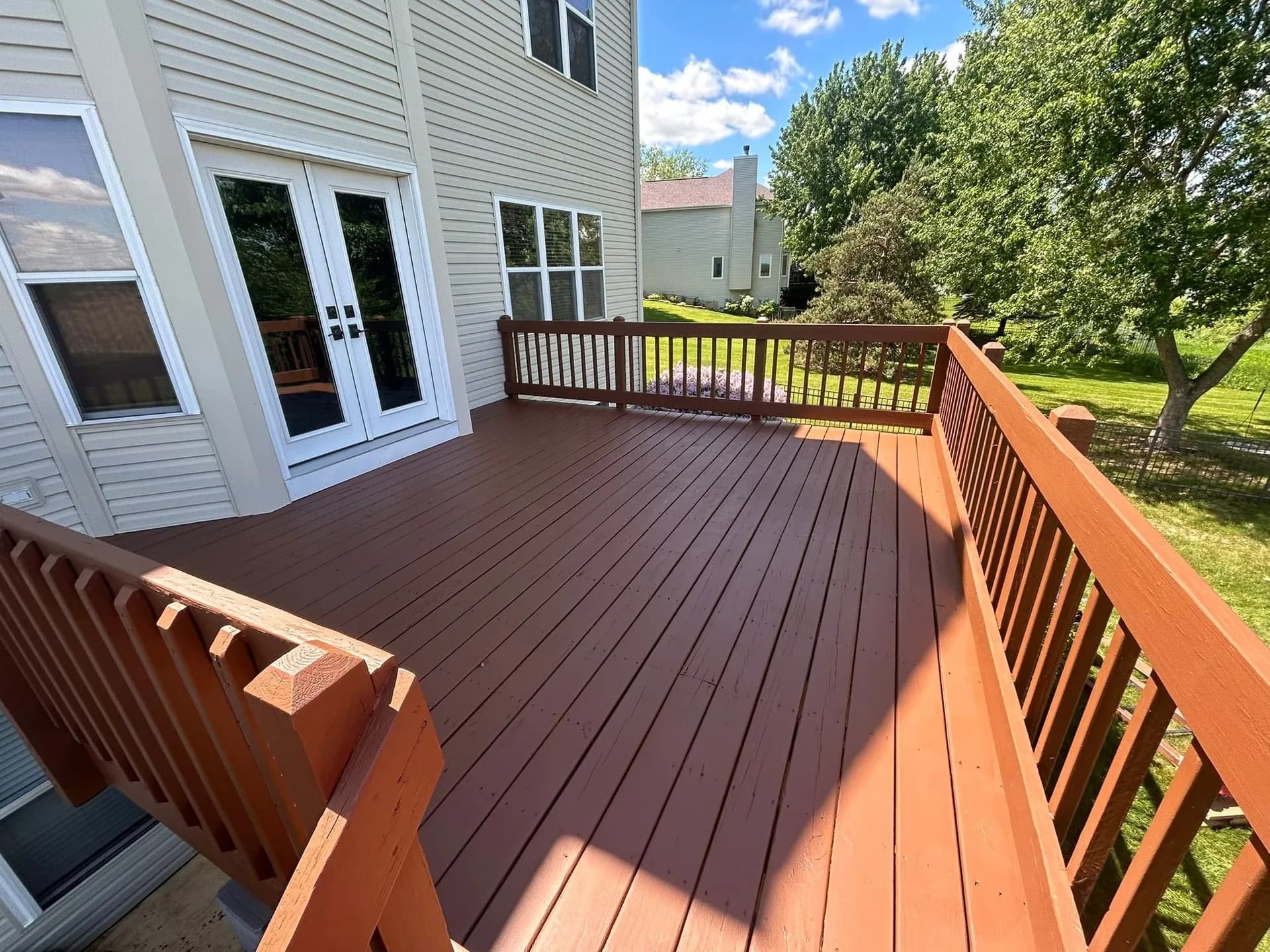 Freshly stained backyard deck